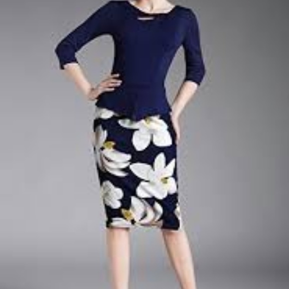 NWOT Blue Floral Below the Knee Peplum Dress - Picture 1 of 2